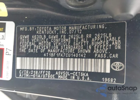 2012 Toyota Camry Se из США, поврежденный, VIN 4T1BF1FK7CU140142